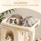 Heybly 26.3" Cat Tree for Large Cats with Big Perch & Dual Condos HCT204SM | 26.3-inch Spacious Cat Tower with Scratching Posts, Stair-Style Cat House Furniture with Cozy Basket & Pompom, Beige
