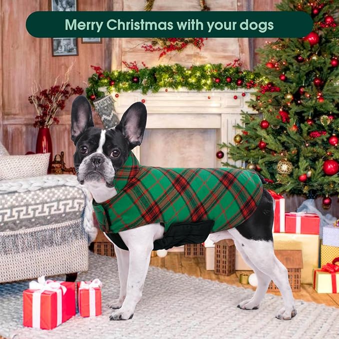 Kuoser Waterproof Dog Coat, Reversible Dog Jacket for Medium Dogs | Adjustable Durable Doggie Winter Coat Warm Puppy Cold Weather Apparel from Small to Large Breed, Xmas Green M