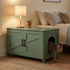 Homhedy 31.5" L Cat Litter Box Enclosure with Barn Door, Green | Wooden Cat Washroom Furniture, Cat House, Pet Storage Cabinet, Dog-Proof, Fit Most of Litter Box, Farmhouse Style