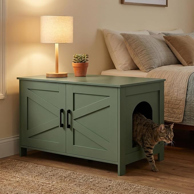 Homhedy 31.5" L Cat Litter Box Enclosure with Barn Door, Green | Wooden Cat Washroom Furniture, Cat House, Pet Storage Cabinet, Dog-Proof, Fit Most of Litter Box, Farmhouse Style