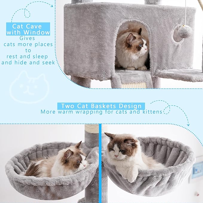 Hey-brother Cat Tree Tower, Adjustable Height, Floor to Ceiling, MPJ091W | 94.5-106.3 Inches Multi-Level Cat House, Scratching Posts, Plush Condo, Platform, Toy Ball for Indoor Big Cats, Light Gray