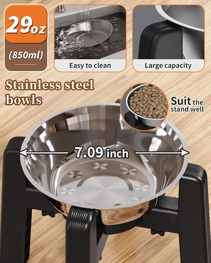 Elevated Dog Bowl, Raised Dog Bowl Stand with Stainless Steel Bowl | Elevated Pet Water & Food Bowl for Medium Dogs, Stable and Anti-Slip Raised Bowl