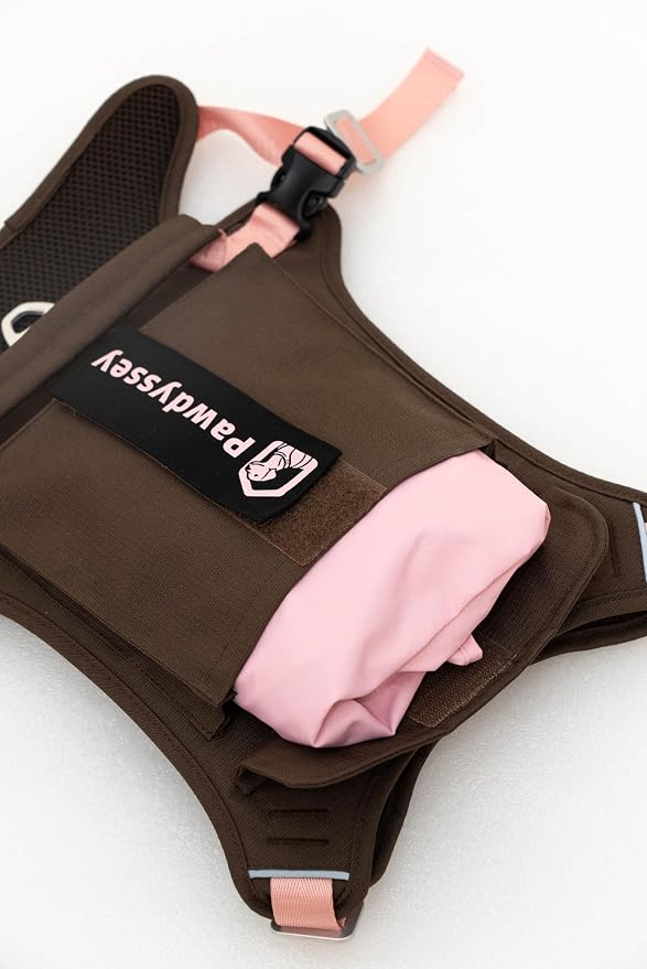 2-in-1 Dog Harness with Built-in Raincoat, Waterproof Packable Dog Rain Jacket, Reflective Adjustable Dog Rain Coat with Leash Portal, Brown Harness/Cherry Blossom Pink Raincoat, X-Large