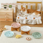 Elevated Slow Feeder Cat Bowl - Melamine Cat Dish with Anti-Slip Bamboo Stand - Whisker Friendly Feeding Bowl - Floral Maze Food Plate for Slow Eating - Pink