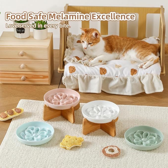 Elevated Slow Feeder Cat Bowl - Melamine Cat Dish with Anti-Slip Bamboo Stand - Whisker Friendly Feeding Bowl - Floral Maze Food Plate for Slow Eating - Pink