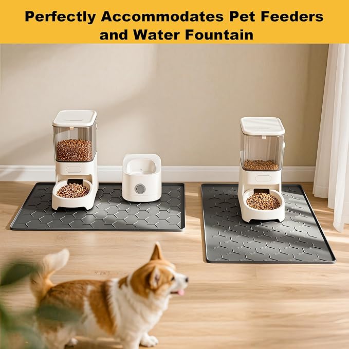 Pieviev Silicone Dog Cat Food Bowl Mat, Waterproof Raised Edge, 24'' x 16'' | Food-Grade Bpa-Free Pet Food Mat, Waterproof & Non-Slip, Raised Edges Contains Spills & Drips, Fits Pet Bowls and Fountains