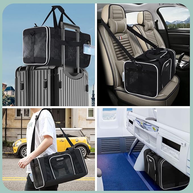 Petskd Small Pet Carrier 18" L x 11" W x 11" H Airline Approved, Black | for Delta/American/United Airlines, Lockable Safety Zippers and Anti-Scratch Mesh, Pets Under 10 lbs
