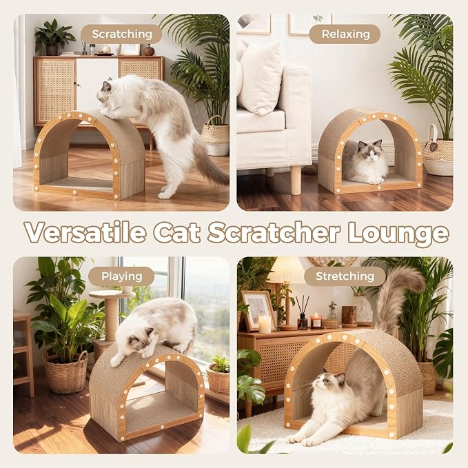 Avont Cardboard Cat Scratcher House, Kitten Tunnel & Scratching Pad | Modern Scratch Pad for Indoor Cats, Durable Corrugated Cardboard Scratcher for kitty