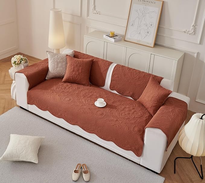 Luxury Vintage Cotton Embroidery Sofa Cover Soft Farmhouse Seat Cushion Cover Floral Quilted Sectional Couch Cover Anti-Slip Sofa Slipcovers Furniture Protector for Dogs Cats (Orange,36"x36")