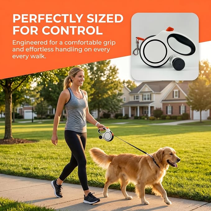 16ft Retractable Dog Leash for Medium Dogs up to 66 lbs, with Waste Bag Dispenser, 5m Heavy Duty Nylon Tape, 360° Tangle-Free, One-Handed Brake & Lock, Anti-Slip ABS Handle (16FT-White)