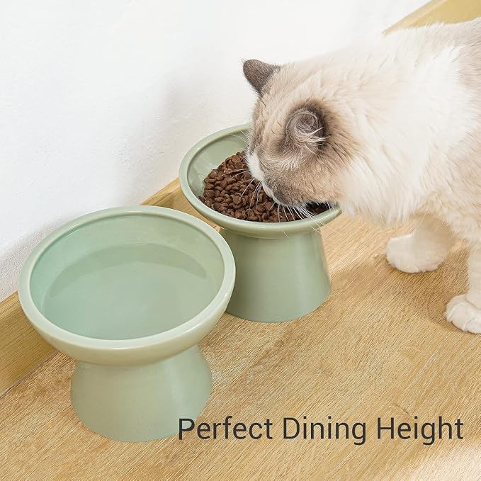 CEEFU 2-Pack Elevated Ceramic Cat Bowls Extra Wide for Food & Water | Anti Vomiting, Whisker Friendly, Shallow Food Dish and Deep Water Bowl, Lead&Cadmium-Free, Raised Height for Cats, Sage Green