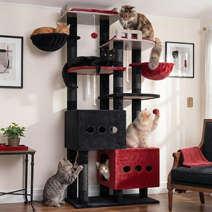 Gitelsnour Sturdy Cat Tree Tower with 2 Large Condos, 4 Big Perchs GCT039BR | 74.8" Sturdy Cat Furniture for Indoor Cats Large Adult with 2 Cozy Cat Baskets, Sisal Scratching Posts & Toys, Black and Red