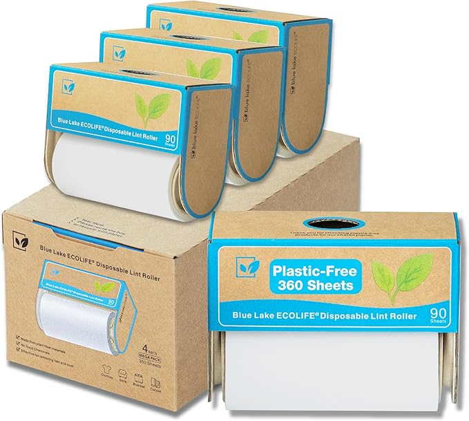 Blue Lake ECOLIFE Plastic-Free Lint Roller – 4-Pack (360 Sheets) | Extra Sticky & Eco-Lint Remover| Ideal for Clothes, Furniture & Carpet(4 Pack-360 Sheets)