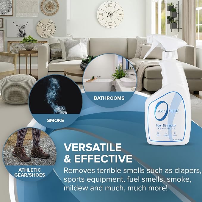 Zero Odor Multi-Purpose Odor Eliminator, Fabric & Room Deodorizer, 16 oz | Odor Eliminator Spray for Closet, Bathroom, Basement, Trash & Upholstery, Air and Surface use