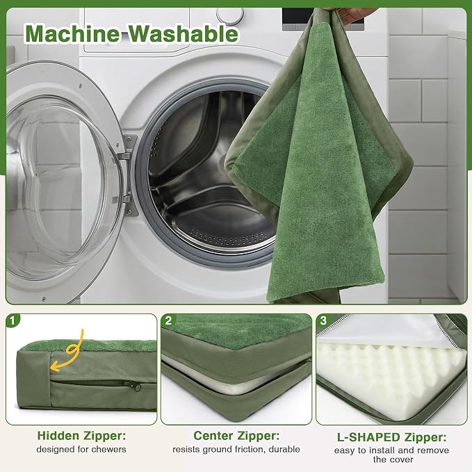 Waterproof Extra Large Dog Bed Washable Outdoor Orthopedic XL Crate Pad 42" | Reversible Wipeable Faux Leather & Soft Flannel, Durable Foam Pet Bed, Removable Cover,Anti-Slip Kennel Pad 41"x27" Green