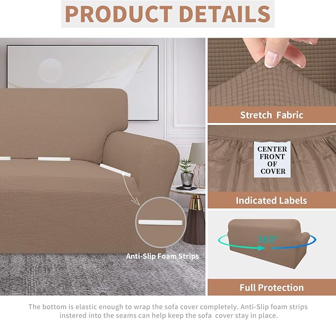 Easy-Going 100% Waterproof Couch Cover, 3 Cushion Oversized Sofa Cover | Leakproof Sofa Slipcover, Stretch Jacquard Furniture Protector Against Stain Spill from Kids, Pets, Dog, Camel