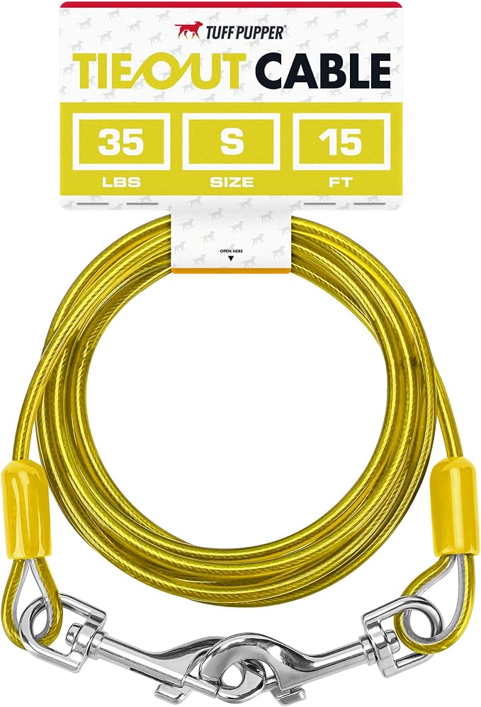 Tuff Pupper Dog Tie Out Cable, 15 ft Heavy Duty Lead for up to 35 lb Dogs | Extra-Strong Coated Steel Wire for Large Dogs; Water/Rust Resistant Yard Runner Line with 360-Degree No-Tangle Swivel Clips