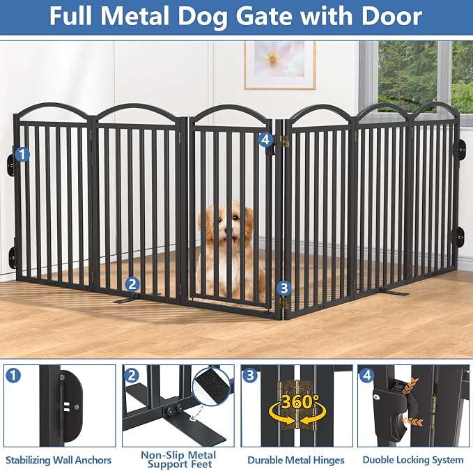 Malier Metal Freestanding Dog Gates, Outdoor Indoor Dog Fences, Extra Wide Foldable Puppy Gate for Stairs, Hallways, Yard