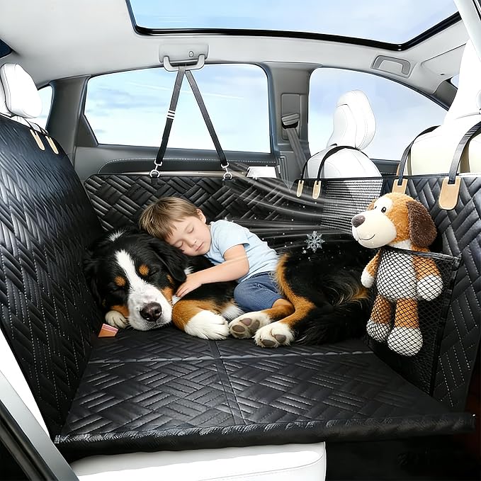 Dog Car Seat Cover, 600D Heavy Duty Waterproof Pet Back Seat Extender with Hard Bottom, Nonslip Scratch Proof Dog Hammock, Machine Washable Car Protector for Cars Trucks SUVs