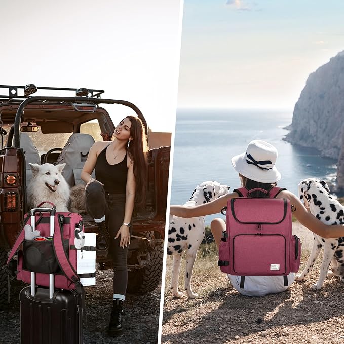 Modoker Multi-Compartment Dog Travel Backpack for Pet Supplies, Rose Red | Dog Travel Accessories Organizer with 2 Food Bags, 2 Bowls, Quick-Access Pockets, Tissue Opening, Luggage Sleeve, Feeding Mat