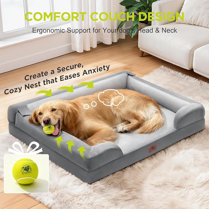 Waterproof Orthopedic Dog Bed for Extra Large Sized Dogs | Memory Foam Pet Bed Sofa with Bolster, Dog Couch with Washable Cover & Non-Slip Bottom, 48x30 Inch, Grey