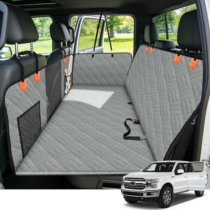 Dog Seat Cover Hard Bottom, 3-Section Design, Waterproof Non-Slip Dog seat Extender for Large Dogs, Fit Full-Size Truck & SUV, +45% Extra Space, Grey