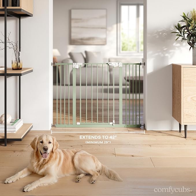 Comfy Cubs Baby Safety Gate with 3 Extensions - Adjustable 42" x 1.9" x 30" Q195 Steel Doorway Barrier - Powder-Coated Finish for Stairs and Doorways - Walk-Through Design Pet Gate - Sage