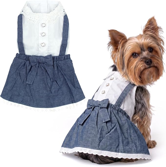 Parisian Pet Chambray Overall Dog Dress - Summer Clothes for Small Dogs Girl - Blue Denim Pet Dress - Designer Dog Overalls - Lightweight and Breathable Puppy Clothes - Dresses for Dogs