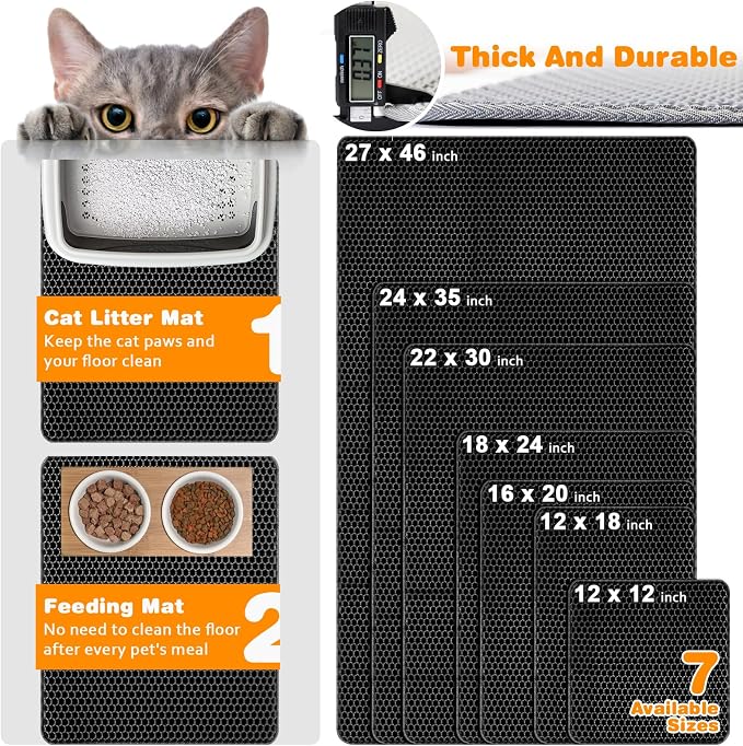 Cat Litter Mat 27"x46",Double Layer EVA litterbox Mat, Black | Waterproof honeycomb large grid, urine-proof and odor-free. Traps litter, easy cleanup,Washable, non-slip backing