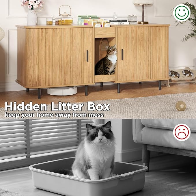 Double Litter Box Enclosure for 2 Cats, 55" Litter Box Furniture Hidden with Cat Scratch Pad, Large Indoor Cat House with Double Room, Wooden Litter Box Cabinet, TV Stand, Natural