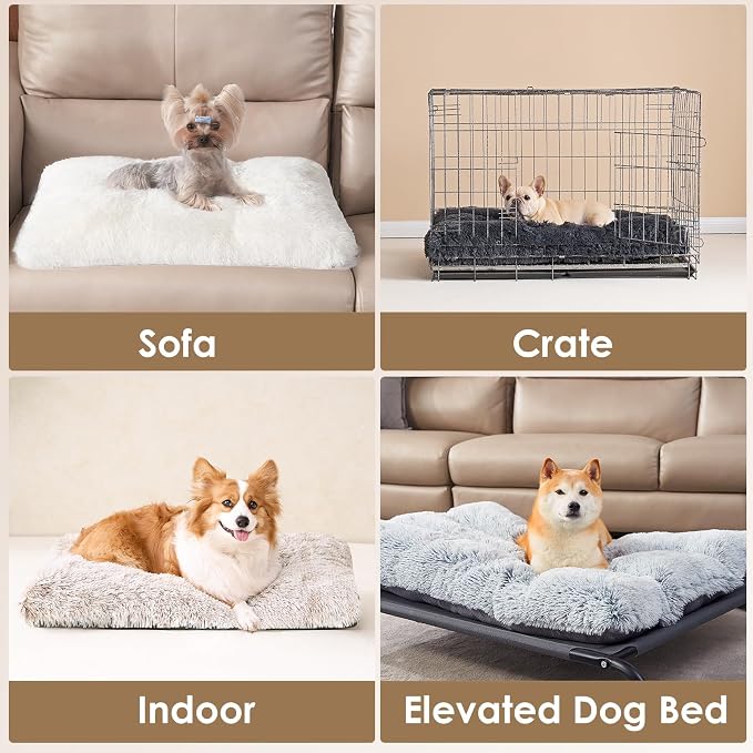 EHEYCIGA Fluffy Dog Crate Bed for Extra Large Dogs, Plush Faux Fur XLP Pad, Calming Anti Anxiety XL Plus Bed for Crate, Washable Soft Warm Dog Mat with Non-Slip Bottom, Brown