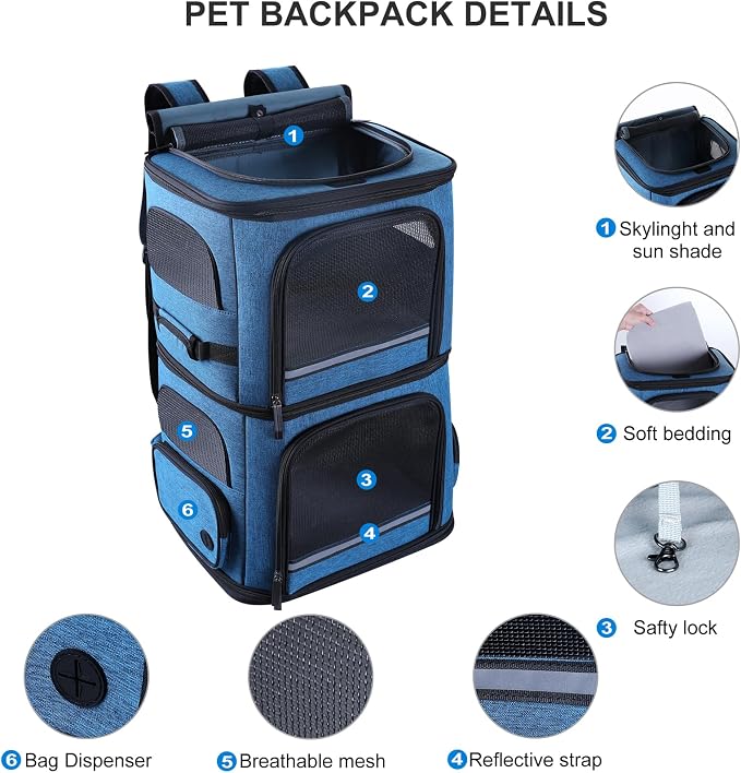 Double Cat Carrier for 2 Cats,Dog Backpack Carrier for Medium Dogs,Double Compartment Pet Carrier Backpack for Dual Pets,for Outdoor Traveling/Stroll and Picnic (Blue)