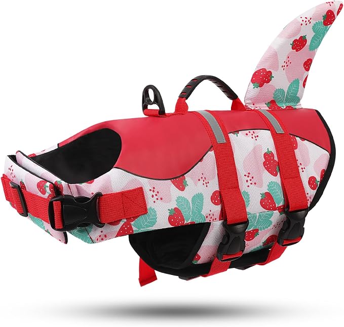 ASENKU Dog Life Jacket - Pet Safety Vest for Swimming & Boating, Shark Life Jacket with Floatation, Dog Lifesavers Swimsuits for Small Medium Large Dogs (Strawberry, M)