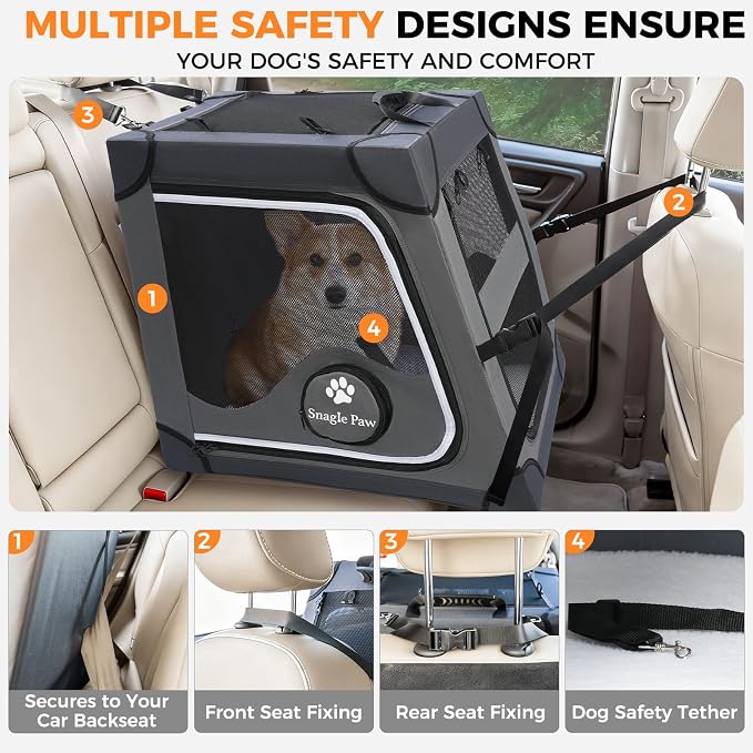 Snagle Paw Portable Dog Crate for Car Travel,Metal Frame Pet Crate,Pet Carrier for Car Back Seat Secures with Headrest Strap and Seatbelt,M,Gray