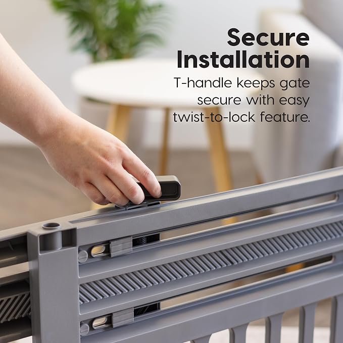 IRIS USA Pet Gate, Adjustable Width, Gray | Stair Safety, Pressure Mount System, Expandable Barrier, Walk-Through Design, One-Hand Open, No Drilling Needed