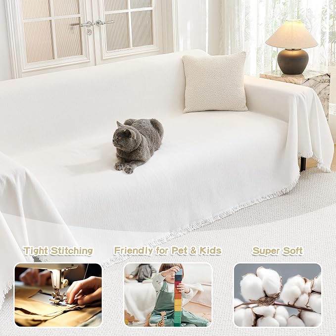 MYSKY HOME Couch Covers for Pets Thick Chenille White Cream Sofa Slipcover with Tassel Non Slip Soft Couch Sofa Cover, Washable Furniture Protector Sofa Slipcover with Tassel for Kids, Dogs, 91"x118"