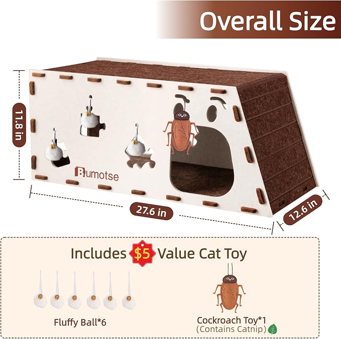 Cat Tunnel House for Indoor Cats, 3-in-1 Felt Cave and Scratcher | Fits 12–22 lb pets, reinforced top supports lounging, joins two units into a 47-inch play zone, includes two catnip bell toys