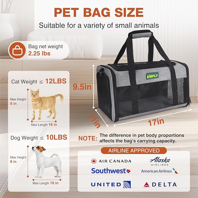 TSA Approved Pet Carrier in Cabin, 17"x11"x9.5" Soft Cat Carriers for Small Cats up to 12 lb, Top-Open Portable Dog Carrier with Litter Box and Anti-Scratch Mesh for Puppy up to 10 lb, Gray