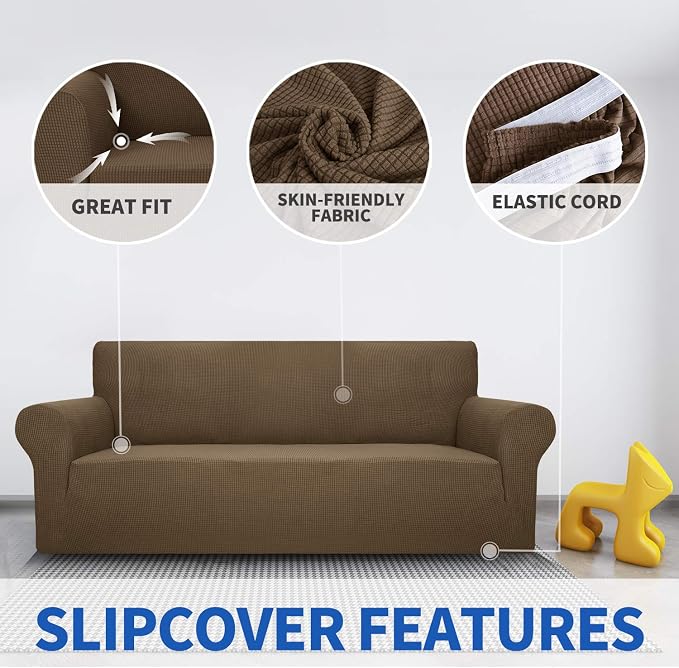 MAXIJIN Super Stretch Couch Cover for 3 Cushion Couch, 1-Piece Universal Sofa Covers Living Room Jacquard Spandex Furniture Protector Dogs Pet Friendly Fitted (Large, Brown)