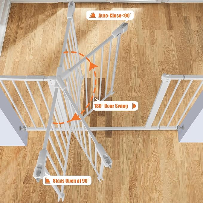 keny 29"-47.3" Extra Wide Baby Gate for Stairs, Auto Close Safety Dog Gate | Pressure Mounted No Drilling Pet Gate for Doorways, Easy Walk Through Stair Gate for Kids Todder, 30" Tall, White