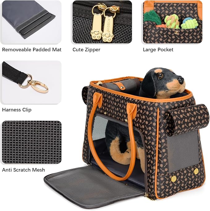 Minsong Fashion Pet Carrier Purse for Small Cat and Dog, Luxury Pu Soft-Sided Tote Bag with Large Pockets for Dogs and Puppies (Coffee, 15.8" L x 7.5" W x 11.8" H)