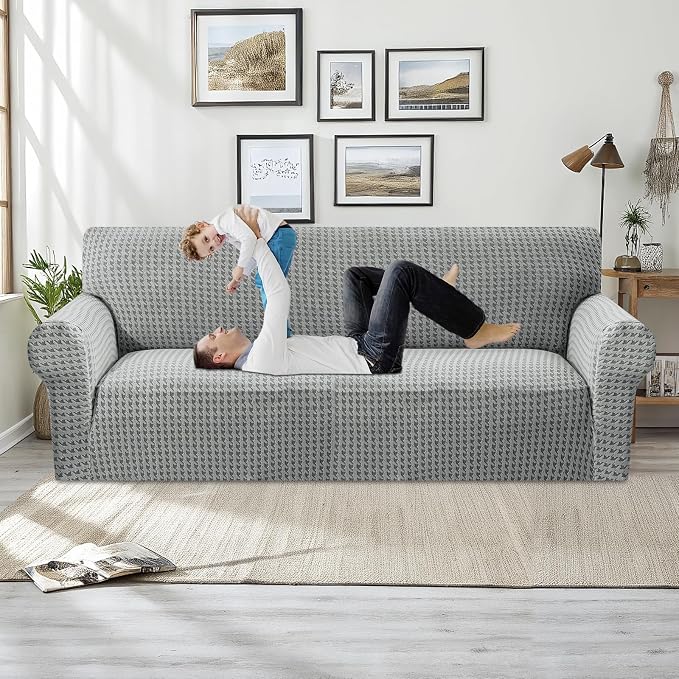 MAXIJIN Stretch Couch Cover Sofa Covers for 3 Cushion Couch (71"-91" Washable Sofa Slipcovers with Non-Slip Foam & Elastic Strap, Dog Cat Pet Friendly Furniture Protector (Large, Light Gray)