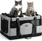 Pecute Cat Carrier, Soft Double Pet Crate for 2 Cats Travel, Gray | Anti-Collapse Steel Frame, Convertible Dual Space, Foldable, Polyester Breathable mesh, Up to 26 lbs, Car Travel & Vet Visits