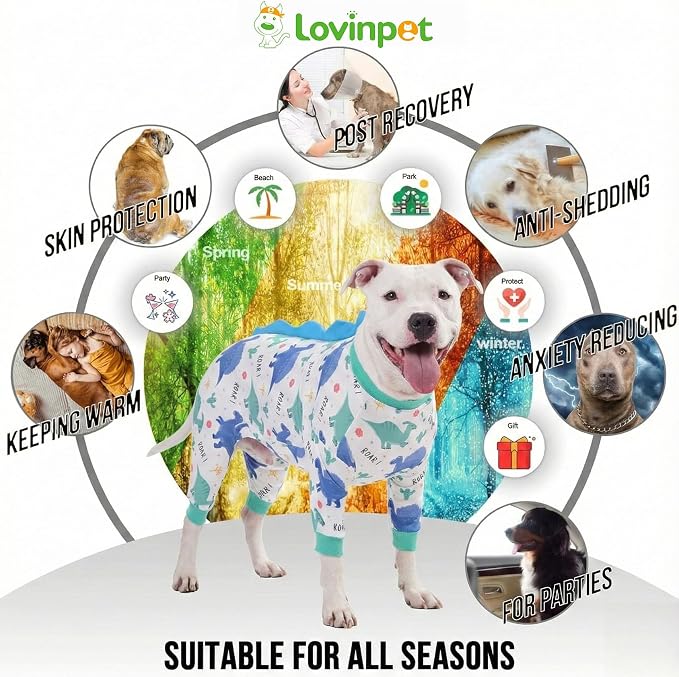LovinPet Large Dog Pajamas, Four-Leg Stretch Onesie Bodysuit, Lightweight UV-Shielding Pajamas, Anti-Lick Calming Recovery Suit for Surgery, Pull-On for Medium and Large Breeds,White Blue,3XL