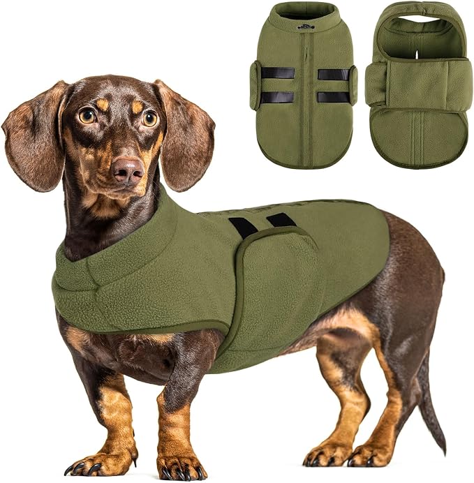 Queenmore Small Dog Sweaters, Soft Fleece Vest Pullover Dog Jacket with Leash Hole, Warm Winter Dogs Clothes Cold Weather Doggy Dachshund Sweater for Small Dogs Cats Boy or Girl (Army Green, XS)