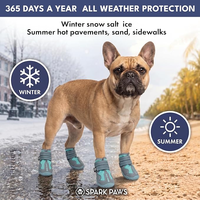 Spark Paws 365 Dog Shoes - All-Season Boots for Winter Snow & Hot Pavement | Water-resistant, anti-slip, stay-on straps - rain, ice & summer booties in one. Reflective; small, medium & large dogs