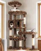 Globlazer Large Perch Leopard Cat Tree, 65in Sturdy Cat Scratching Tree for Indoor Cats Large Adult, Big Cat Tower with 3 Padded Perches, 6 Scratching Posts, Cat Condo, Hammock, S65, Leopard Print