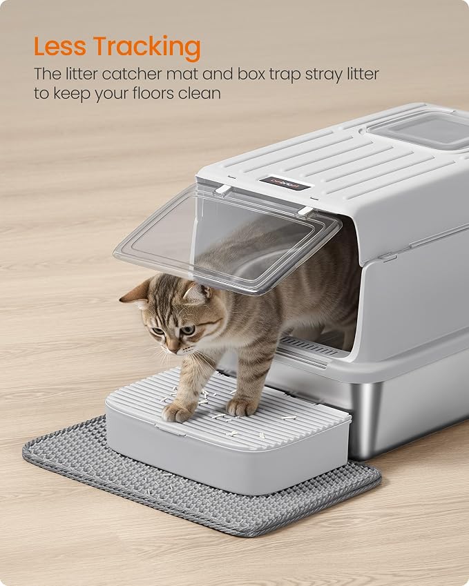 Feandrea Stainless Steel Cat Litter Box with Flip Lid, Litter Catcher Mat and Box, 2 Doors, Scoop, for Cats up to 33 lb, Light Gray UPPT007GD01