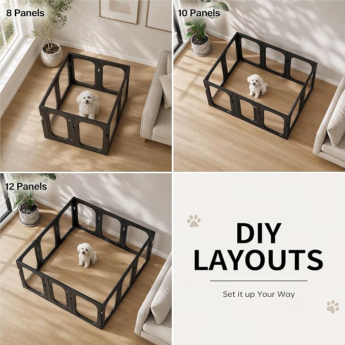Acrylic Clear Dog Playpen Indoor with Door, 26'' H Transparent Dog Play Pen for Small Dogs, No-Connector Modular Puppy Playpen with Integrated Suction Cups Base, 12 Panels, Black