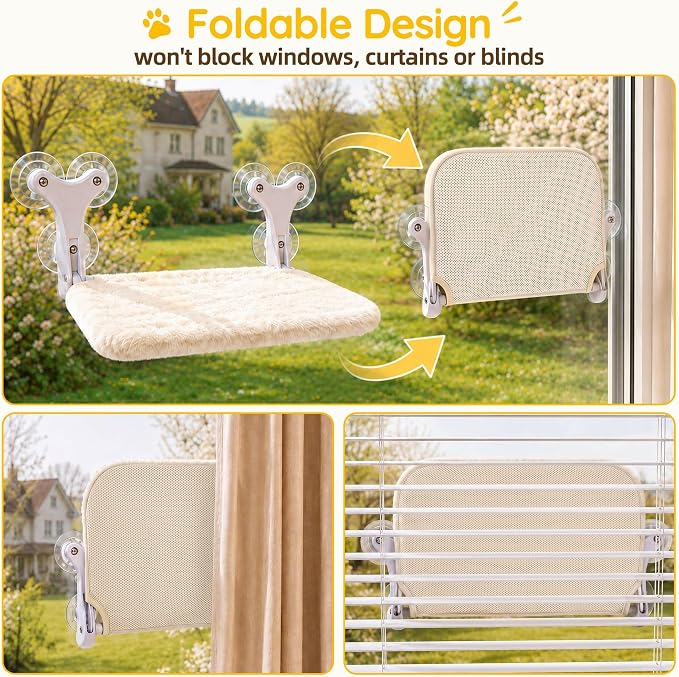 Aysoner Suction Cat Window Perch: 6 Suction Cups Sturdy Hold Up to 45lbs | 1-Second Stick on Glass & No-Drill - Heavy Duty Indoor Hammock Seat for Chunky Cats Safety to Sunbathe & View